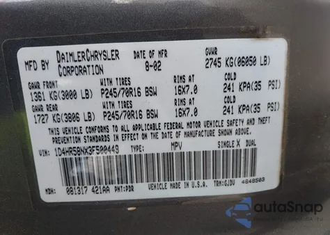 2003 Dodge Durango Slt Plus z USA, uszkodzony, nr VIN 1D4HR58NX3F500449